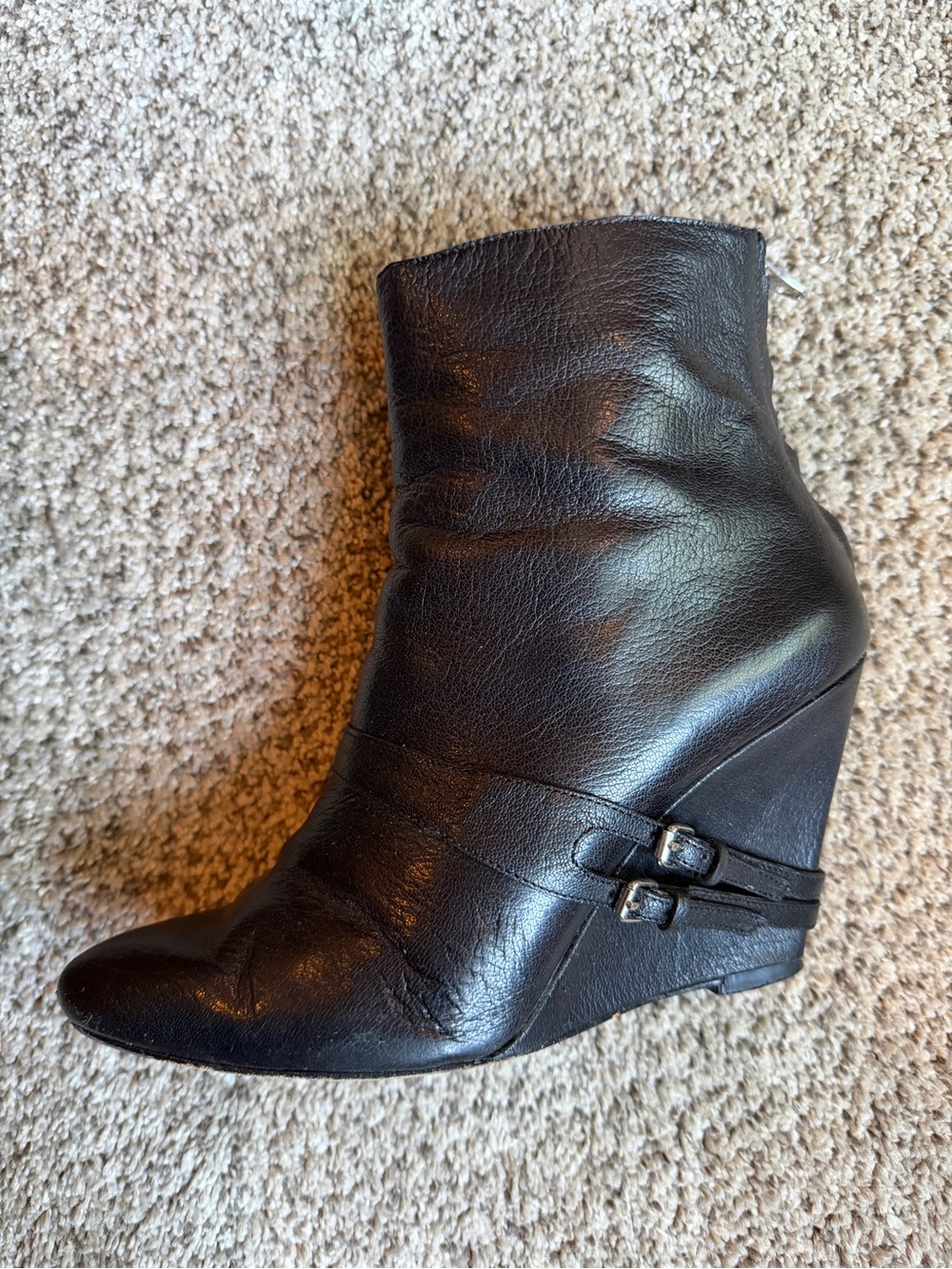 Women’s Elizabeth + James Black Pointed Leather Wedge Ankle Boots Size 8